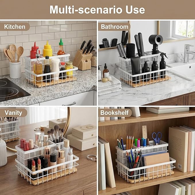 AceOrbit 2 Pcs Hair Tool Organizer Countertop Breathable Metal & Bamboo Hot Tools Organizer Under Sink Bathroom Hair Dryer Holder Countertop Brush Comb Holder,Makeup Tray (Natural Bamboo,White)