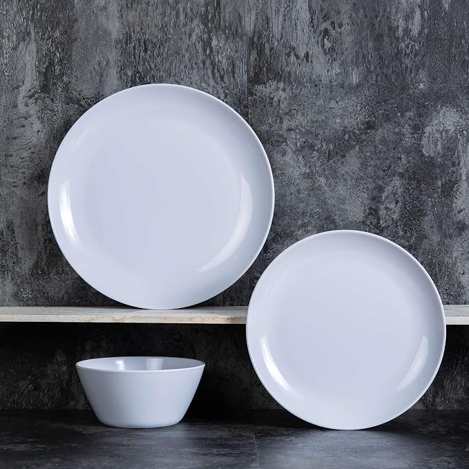 Melamine Dinnerware Set - 12pcs Plates and Bowls for 4,Durable Melamine Dishes Set for Everyday Use, Lightweight & Dishwasher Safe,White