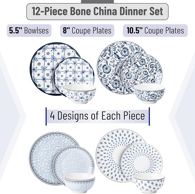 BTaT- Ceramic Dinnerware Sets for 4, 12 pcs, Porcelain Plates and Bowls, Ceramic Dish Set, Microwave & Dishwasher Safe