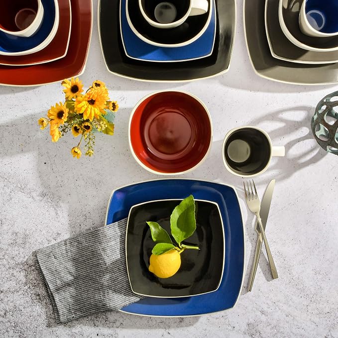 Gibson Soho Lounge Square Reactive Glaze Stoneware Dinnerware Set, Service for 4 (16pc), Black/white