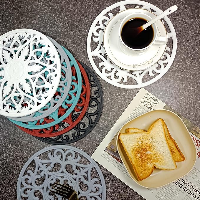 Silicone Trivet Mat-Trivets for Hot Dishes, Table, Countertop, Non-Slip Heat Resistant Modern Kitchen Pads, Teapot Trivet-Flexible Round Mat, Multi-Use Intricately Carved Trivets of 6 Teal Blue