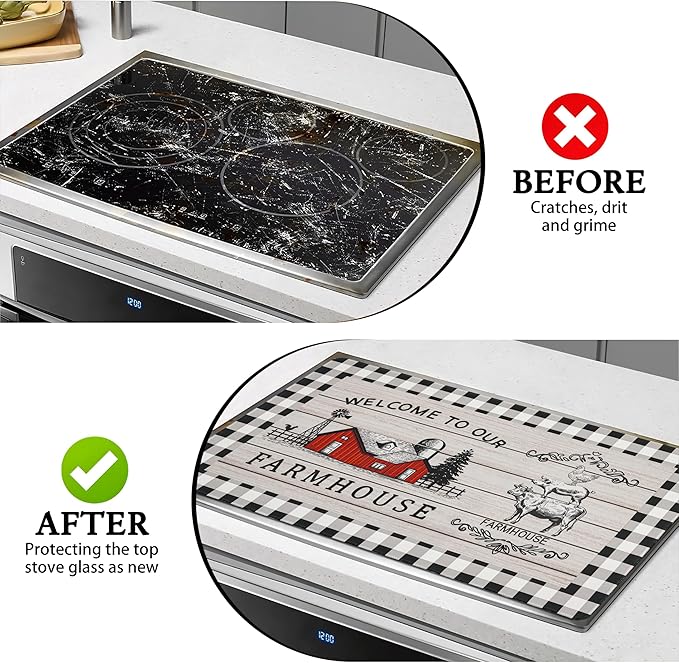 Farmhouse Stove Top Covers for Electric Stove 20x28 Inch Farmhouse Heat Resistant Glass Top Stove Cover Washable Foldable Cooktop Protector