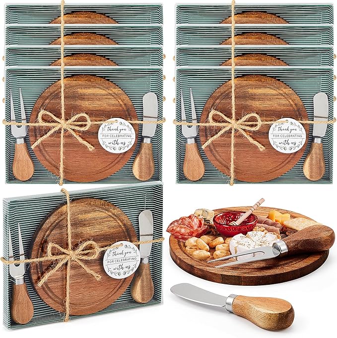 Maxcheck 8 Sets Baby Shower Bridal Game Prizes for Winners Round Cheese Board Set Wood Mini Charcuterie Board with Knives and Forks Thank You Card with Gift Box for Guests Wedding (Acacia)