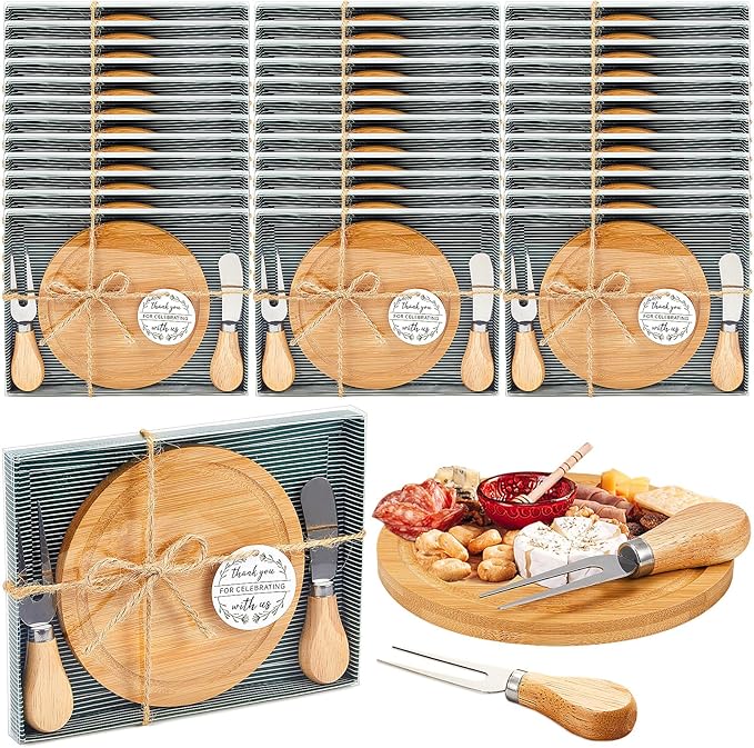 Maxcheck 36 Sets Baby Shower Bridal Game Prizes for Winners Round Cheese Board Set Wood Mini Charcuterie Board with Knives and Forks Thank You Card with Gift Box for Guests Wedding (Bamboo)