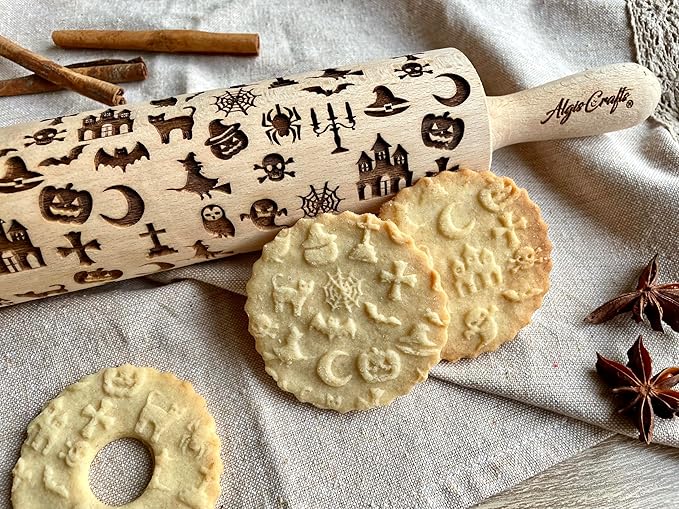HALLOWEEN Embossing Rolling Pin. Laser Engraved Dough Roller with Pattern - Moon, Owl Spider, Ghost, Pumpkin, Witch. Rolling Pin for Embossing Homemade Halloween Cookies by Algis Crafts