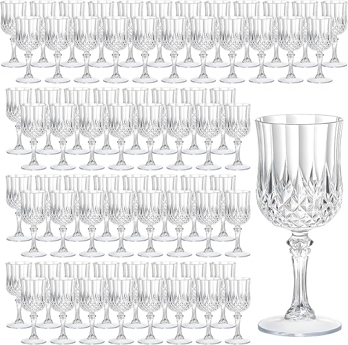 7OZ Plastic Wine Glasses, Reusable Vintage Goblets Unbreakable Drinking Glasses Crystal Water Cups Champagne for Wedding, Parties (100, Clear)
