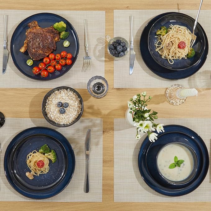 Pokini 24 Pieces Dinnerware Set for 6 with Pasta Bowls, Complete Ceramic Dish Set, Stackable & Glossy Stoneware Plate and Bowl Set for Effortless Everyday Hosting, Starry Blue