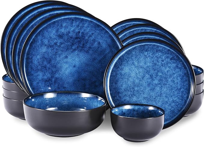 Whole Housewares Ceramic Plates and Bowls Set - Dinnerware Set - Microwave and Dishwasher Safe - 16 Piece Dinner Set - Perfect for Parties, Birthdays, or Weddings - Blue