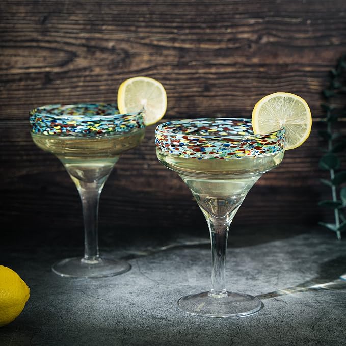 Margarita Glasses – Set of 4 - Luxury Hand Blown Confetti Margaritas, Cocktails, Water, Wine, Dessert, Martini & Champagne Cinco de Mayo, Hand Blown - Mexican Confetti Design Glass, Party, Home & Bar