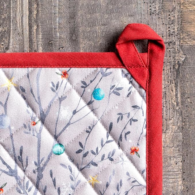Maison d' Hermine Pot Holders Set 100% Cotton Heat Resistant Potholders 8" x 8" Hot Pads with Loop for Thanksgiving Christmas Decorations BBQ Baking Handling Hot Pans (Pack of 2, Fairy Christmas)