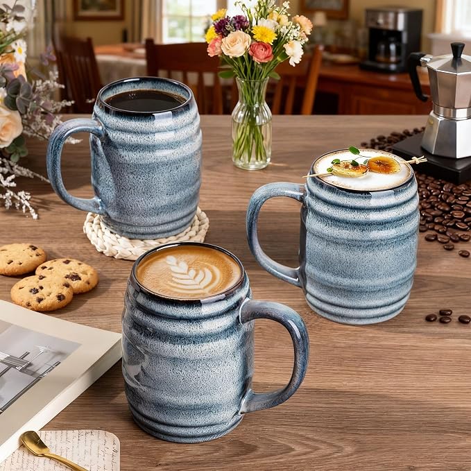 GBhome 20oz Large Coffee Mugs Set of 4, Handmade Ceramic Coffee Mugs Set for Latte/Tea/Beer/Hot Cocoa, Dishwasher & Microwave Safe- Blue Horizon