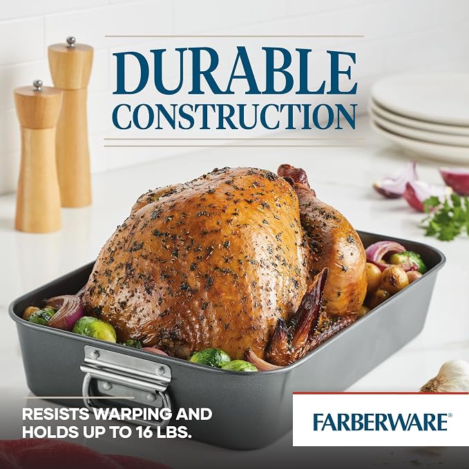 Farberware Bakeware Nonstick Roaster with Flat Rack, Roasting Pan with Rack For Home Cooking, 11-Inch x 15-Inch, Gray