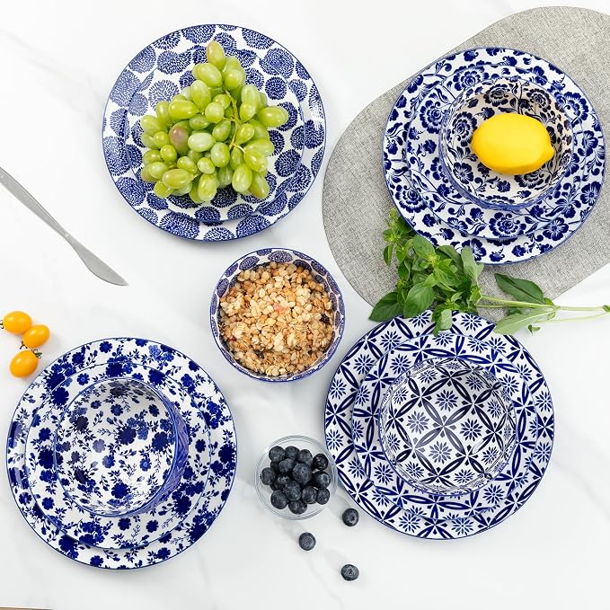 LEHAHA 12 Pieces Modern Porcelain Dinnerware Set，Service for 4, Ceramic Plates and Bowls Sets, Kitchen Dinner, Salad, Dessert Plate and Cereal Bowl Set, Ceramics Dishes Set, Blue and White