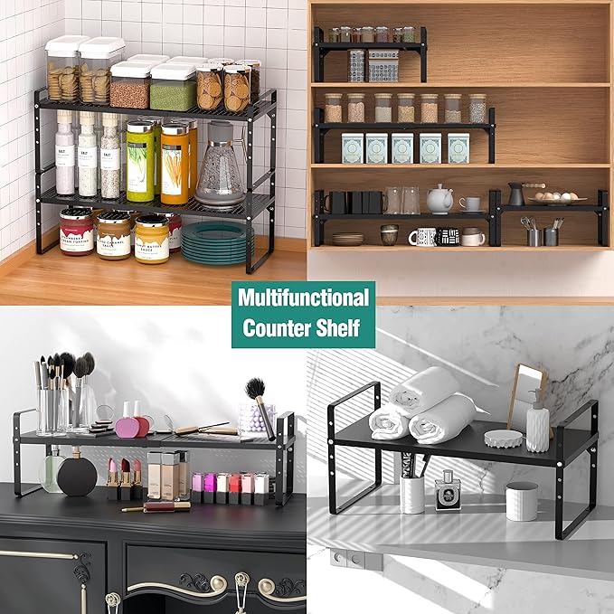 SUZLON Expandable Cabinet Shelf Organizer Rack, Stackable Kitchen Counter Storage Shelves Stand, Adjustable Height Pantry Shelf Spice Rack, Heavy Duty Nonslip Black Small 1Pack