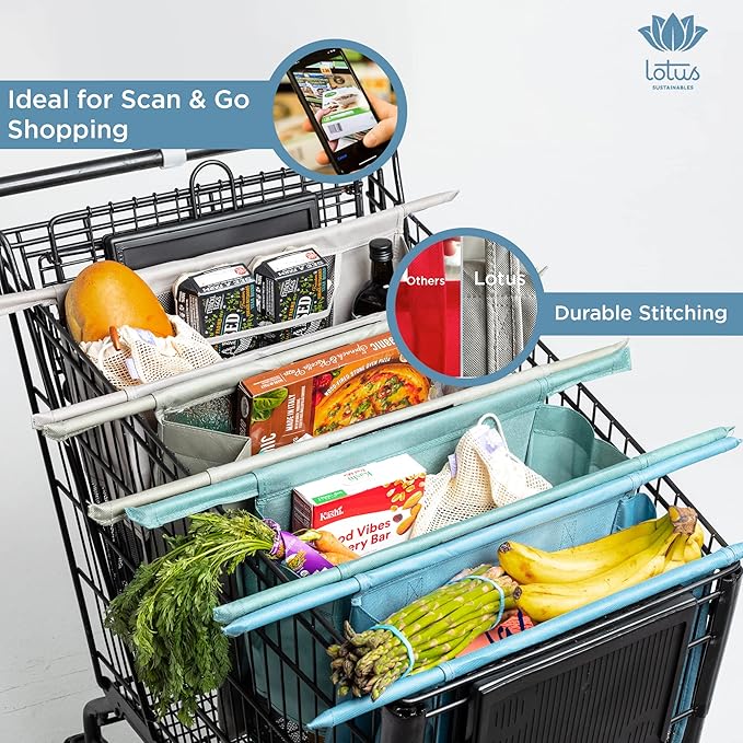 Lotus Trolley Bag Reusable Grocery Cart Bags (Earth Tones) Set of 4 and Reusable Netted Produce Mesh Bags Set of 9