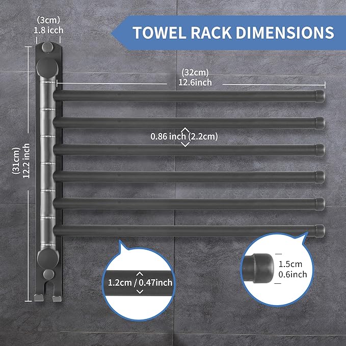 Swivel Towel Rack, 12.6 Inch Towel Bar with Wall Mounted 180° Rotation, 6 Arms Towel Hanger SUS 304 Stainless Steel, Space Saving for Kitchen, Bathroom, Outdoor, Dark Grey