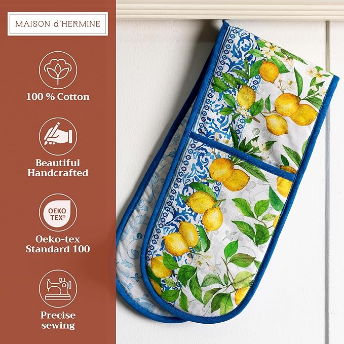 Maison d' Hermine Double Oven Mitts 100% Cotton 7"x35" Double Oven Mitt Heat Resistant BBQ Cooking Gloves with Loop Baking Grilling Gifts for Mothers Day Spring Summer (Cedrat)