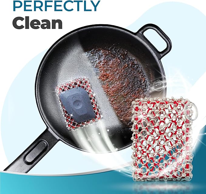 Cast Iron Care Bundle: 316 Stainless Steel 𝐓𝐫𝐢𝐩𝐥𝐞 𝐑𝐢𝐧𝐠 𝐂𝐡𝐚𝐢𝐧𝐦𝐚𝐢𝐥 Scrubber (Red) & Extra Thick Leather Handle Cover (𝐌𝐚𝐝𝐞 𝐢𝐧 𝐆𝐞𝐨𝐫𝐠𝐢𝐚) – Perfect for Pan