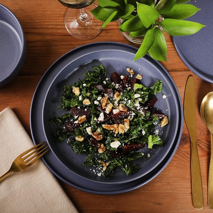 Gibson Elite Bayou Moon Plates and Bowls Sets, 16-Piece Blue Matte Stoneware Dinnerware Sets, Solid Color Reactive Glaze Dish Set