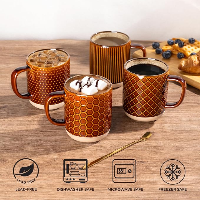 GBhome Large Coffee Mugs Set of 4, 16oz Handmade Stoneware Coffee Mugs Set with Large Handle for Cappuccino/Latte/Tea/Hot Cocoa, Dishwasher & Microwave Safe, Caramel
