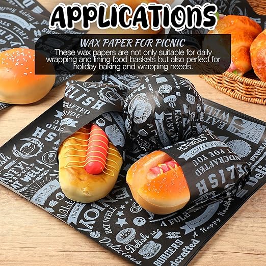 Outus 1800 Pcs 12 x 12 Inch Deli Wax Paper Sheets Grease Resistant Tray Basket Liners Newsprint Paper Water and Grease Proof Sandwich Wrapping Square Hot Dog Wrapper for Food Baking (Black)