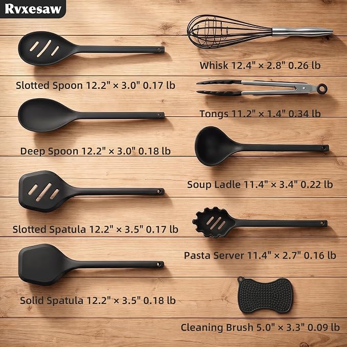 Kitchen Utensils Set,9 PCS Silicone Cooking Utensils Set Spatula Set,Non Toxic Cooking Utensils,Tongs,Spoon,Whisk,Brush,BPA Free Kitchen Gadgets for Non-Stick Cookware,Home Essential(Black-9P)