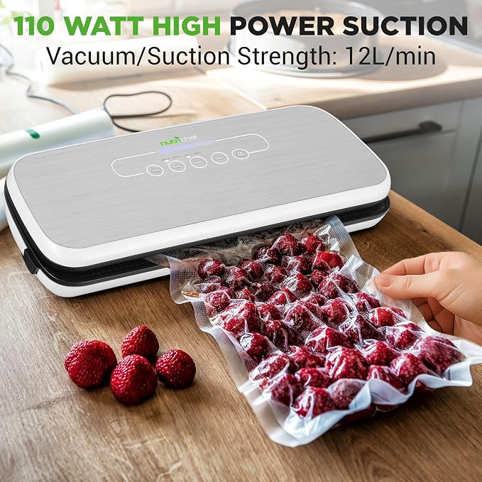 NutriChef Automatic Food Vacuum Sealer, Electric Air Sealing Preserver System for Dry and Moist Foods, LED Control, Strong Suction, Includes Bags, Wine Stopper Cork, and Air Suction Hose, 14"x6"x3"