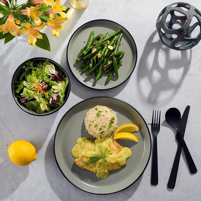 Gibson Soho Lounge Sofia Coupe 12-Piece Stoneware Dinnerware Set, Service for 4 – Grey Plates and Bowls
