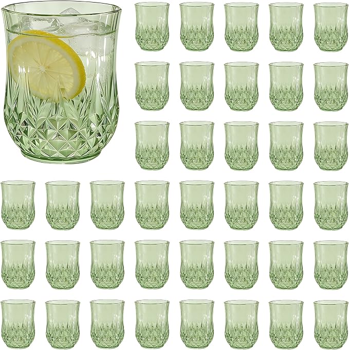 40 Pack Plastic Stemless Wine Glasses,12oz Unbreakable Vintage Elegant Drinking Glass Set,Reusable Fancy Cocktail Cups for Party, Wedding, and Bulk Events (40, 12oz-Sage Green)