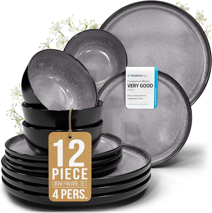 12 Piece Stoneware Dinnerware Set for 4 - Handmade Reactive Glaze Plates and Bowls Set - Chip & Scratch Resistant Dish Set - Dishwasher Microwave Safe - Dark Gray