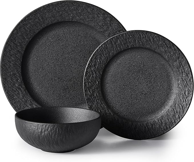 KINGSTONE Dinnerware Sets, 3-Piece Premium Porcelain dishes set, Matte Marble Pattern Plates and Bowls Sets for 1, Place Setting with Dinner Plate, Salad Plate, Pasta Bowl (Black)