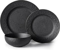 KINGSTONE Dinnerware Sets, 3-Piece Premium Porcelain dishes set, Matte Marble Pattern Plates and Bowls Sets for 1, Place Setting with Dinner Plate, Salad Plate, Pasta Bowl (Black)