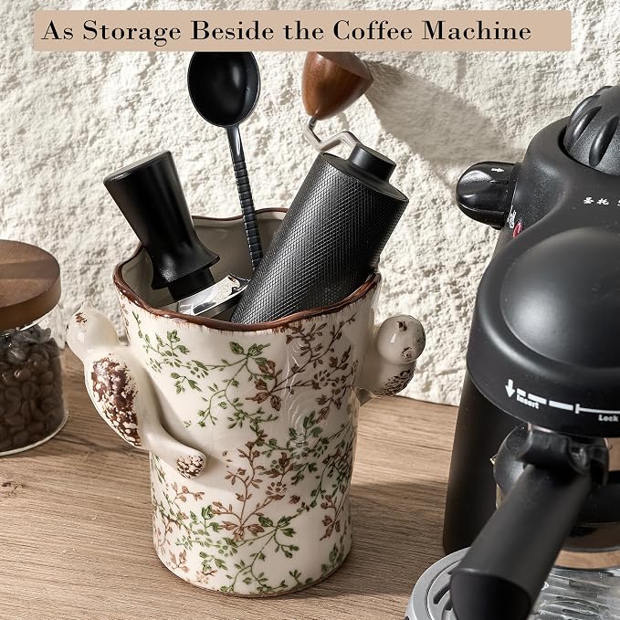 6.34'H Utensil Holder for Kitchen Counter, Modern Farmhouse Cooking Utensil Holder and Crock Home Kitchen Decor, Ceramic Utensil Organizer for Spatula, Ladle, Eggbeater, Rolling Pin- Green and Beige