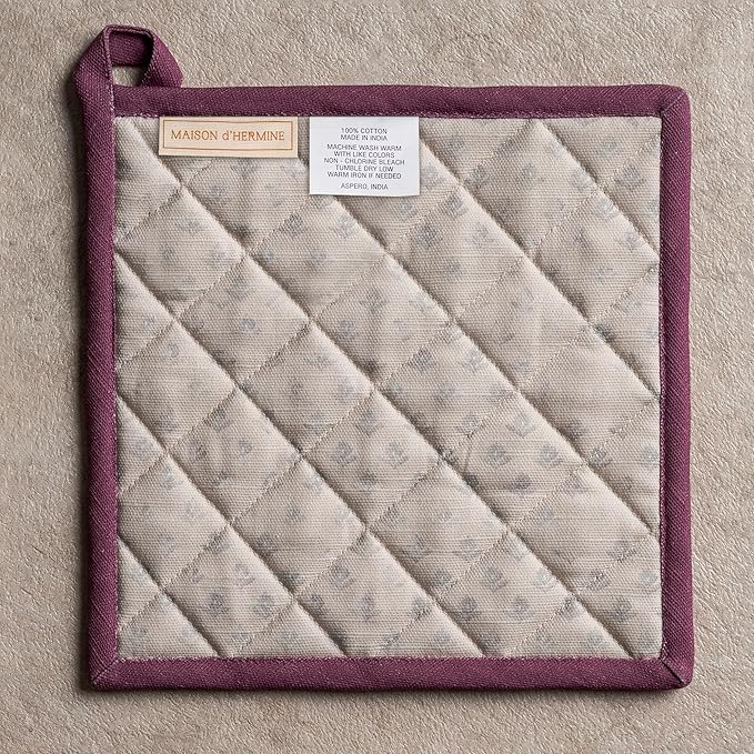 Maison d' Hermine Pot Holders 100% Cotton Heat Resistant Potholders 8" x 8" Hot Pads with Loop BBQ Cooking Baking Gifts for Mothers Day Handling Hot Pans Spring/Summer (Pack of 1, Fanny Lavender)