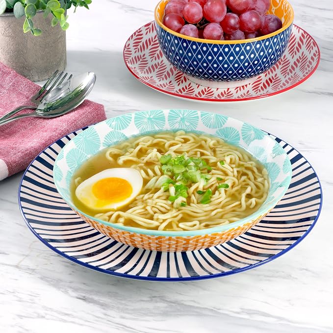 Elama Giovanna 16 Piece Assorted Design Porcelain Multi-Color Graphic Double Bowl Dinnerware Set, Tableware, Serveware, Dinnerware Set, Bowl Set (16 Piece)