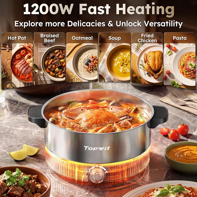 TOPWIT 4.5L Hot Pot Electric, Stainless Steel Electric Pot with Dual Power | 1200W Fast Heating, Electric Hot Pot for Cooking Hotpot, Soup, Pasta, Perfect for Family Dinner & Party, Black