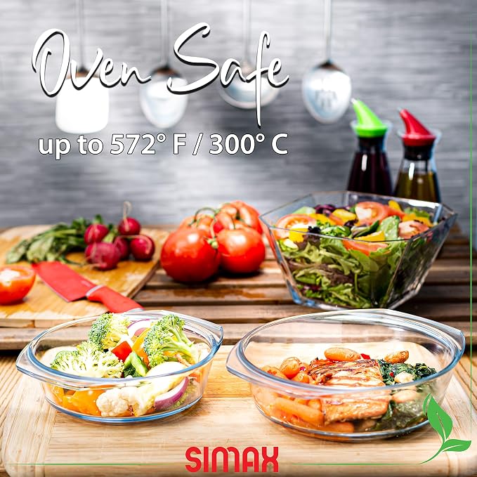 Simax Casserole Dish Set, Set of 2 Casserole Dish with Lid, Round Glass Cookware, Borosilicate Glass, Made In Europe 1 Qt and 1.5 Qt Baking Dishes