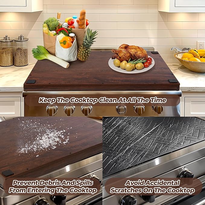 WOLKI Noodle Board Stove Covers for Gas Burners, 30"L x 22"W x 2.4"Th Heavyweight Stove Top Covers for Electric Stove, Buil-in Handles, RV Stove Cover, Wooden Serving Tray, Walnut