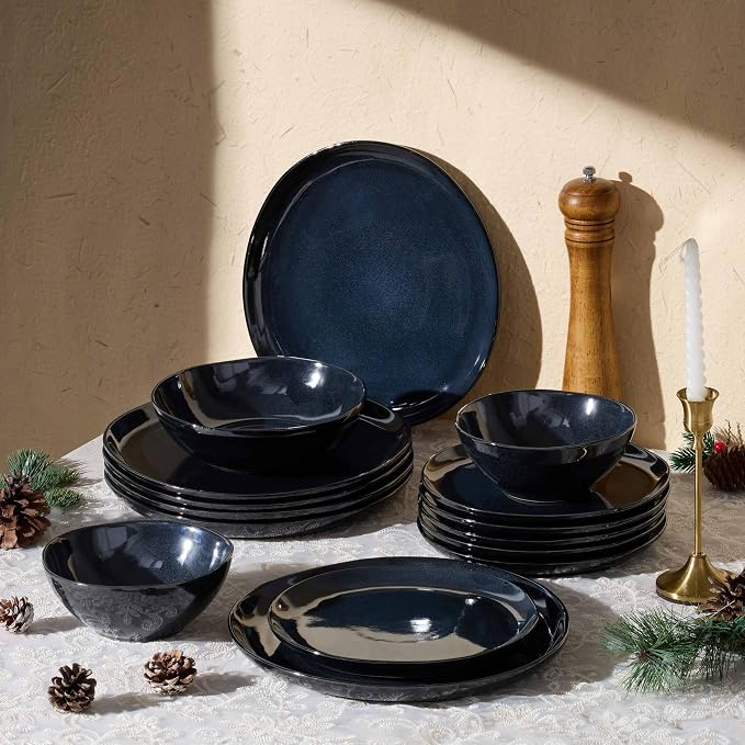 Herogo 12pcs Stoneware Dinnerware Sets for 4, Irregular Handmade Dinner Plates and Bowls, Kitchen Dining Dish Dishware Set, Microwave & Dishwasher Safe,Starry Blue