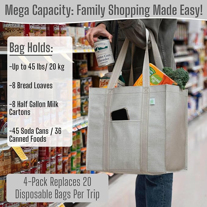 VENO 4 Pack Reusable Grocery Bags, Heavy-Duty Shopping Bags with Handles, Bags for Shopping Cart with Hard Bottom to Stand Upright, Foldable, Multi-Purpose, Sustainable (Beige, 4 Pack)