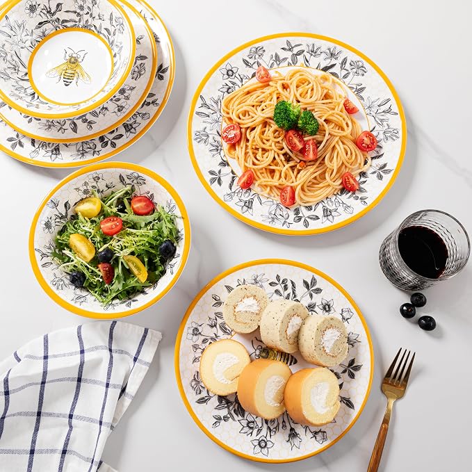 LEHAHA Honeycomb Bee Sweet 12-Piece Melamine Dinnerware Set,Melamine Dishes Set of 4, Lightweight and Unbreakable Garden Floral Dinner Plates and Side plates and All-purpose Bowls Set