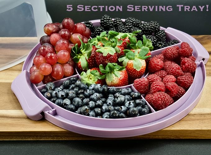 Top Shelf Elements Round Cake Carrier Two Sided Cake Holder Serves as Five Section Serving Tray, Portable Cake Stand Fits 10 inch Cake, Cake Box Comes With Handle, Cake Container Holds Pies (Lilac)