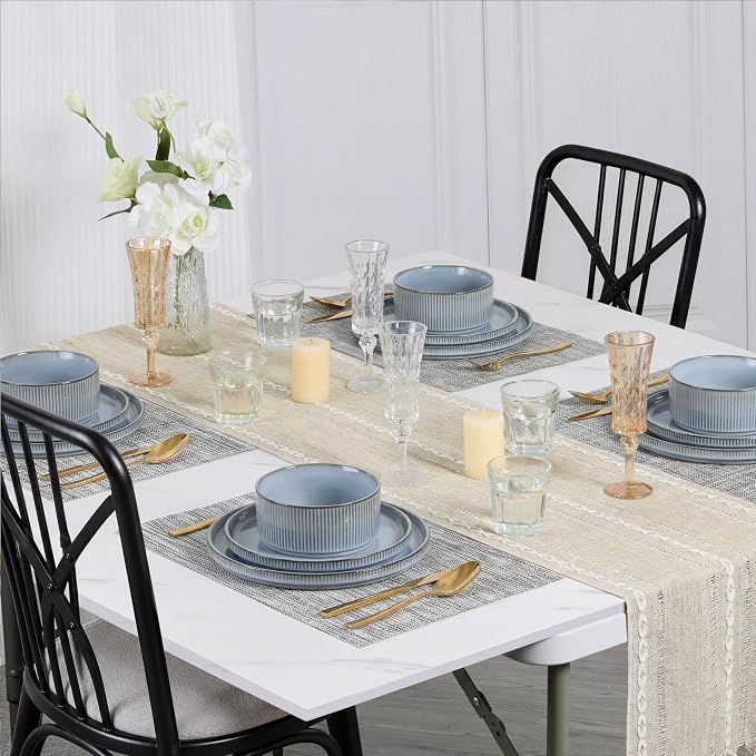 E-far Stoneware Dinnerware Sets for 2, 6-Piece Plates and Bowls Sets, Chip & Scratch Resistant Ribbed Dish Set for Home Restaurant, Microwave & Dishwasher Safe, Dusty Blue