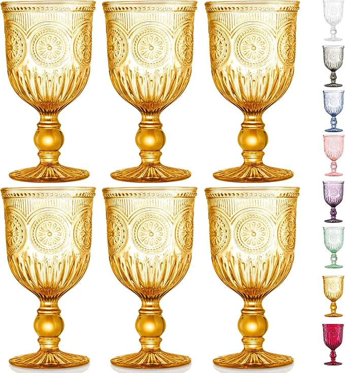 Amber Wine Glasses Set of 6 Vintage Hobnail Goblets 10 oz