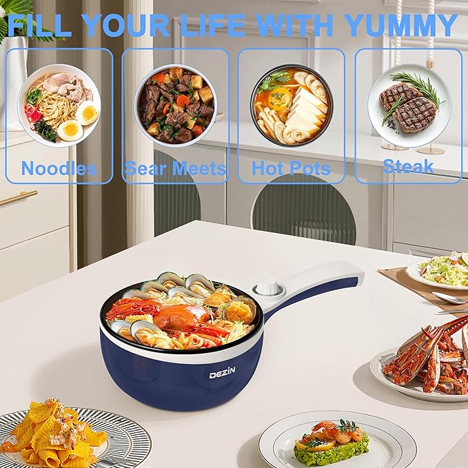 Dezin Hot Pot Electric Upgraded, Non-Stick Sauté Pan, Rapid Noodles Electric Pot, 1.5L Mini Portable Hot Pot for Steak, Egg, Fried Rice, Ramen, Oatmeal, Soup with Power Adjustment