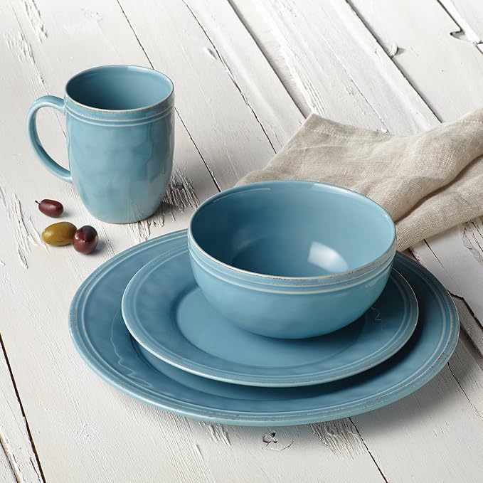 Rachael Ray Cucina Dinnerware 16-Piece Stoneware Dinnerware Set, Agave Blue