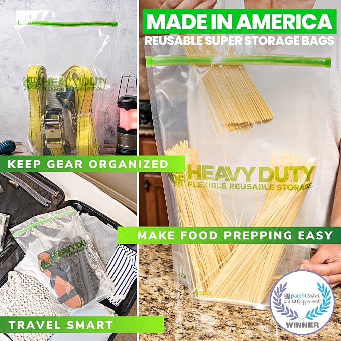 Smelly Proof Heavy-Duty Reusable Food Storage Bundle: XXL 2-Gallon, LRG Quart, and Expandable Snack Bags - Made in USA, BPA-Free Multi Size Pack - 20 Pieces