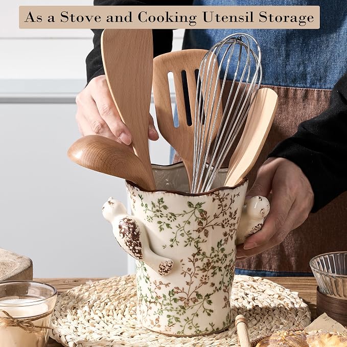 6.34'H Utensil Holder for Kitchen Counter, Modern Farmhouse Cooking Utensil Holder and Crock Home Kitchen Decor, Ceramic Utensil Organizer for Spatula, Ladle, Eggbeater, Rolling Pin- Green and Beige