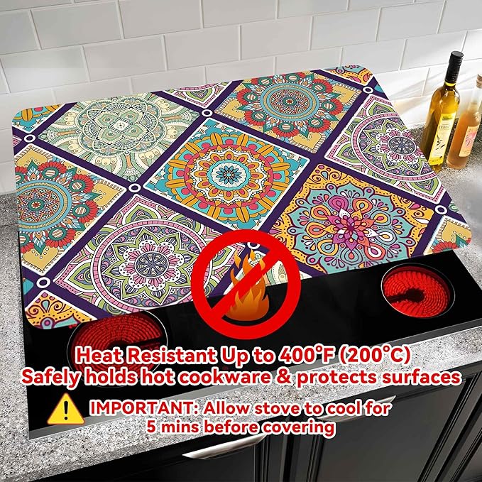 Decorative Stove Top Covers for Electric Stove 28"x20" – Heat Resistant Glass Cooktop Protector Dish Drying Mat – Non-Slip Rubber Backing Washer Top Cover Waterproof Extra Counter Space (Boho)