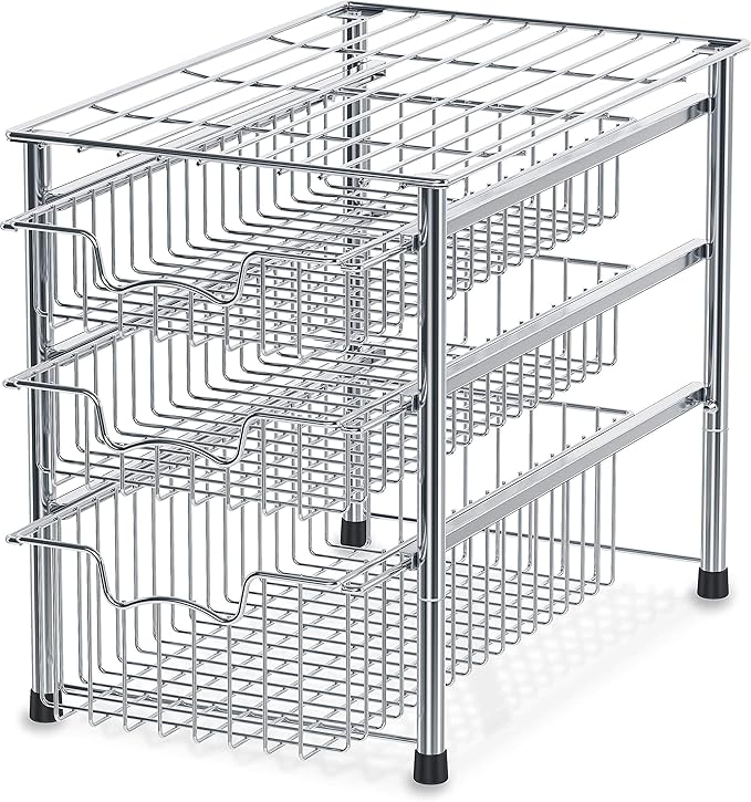 Simple Houseware Stackable 3 Tier Sliding Basket + Single Tier Basket, Chrome
